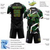Custom Black Kelly Green White-Gold Geometric Asymmetry Shatter Sublimation Soccer Uniform Jersey
