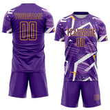 Custom Purple White-Gold Geometric Asymmetry Shatter Sublimation Soccer Uniform Jersey