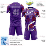 Custom Purple Red Gold-White Geometric Asymmetry Shatter Sublimation Soccer Uniform Jersey