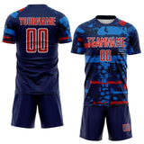 Custom Navy Red Blue-White Abstract Geometric Stripe Fragment Sublimation Soccer Uniform Jersey