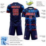 Custom Navy Red Blue-White Abstract Geometric Stripe Fragment Sublimation Soccer Uniform Jersey