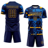 Custom Navy Gold-Blue Abstract Geometric Stripe Fragment Sublimation Soccer Uniform Jersey