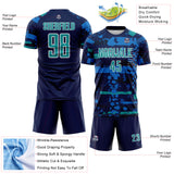 Custom Navy Teal Blue-White Abstract Geometric Stripe Fragment Sublimation Soccer Uniform Jersey