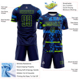 Custom Navy Neon Green-Blue Abstract Geometric Stripe Fragment Sublimation Soccer Uniform Jersey