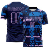 Custom Navy Light Purple-Blue Abstract Geometric Stripe Fragment Sublimation Soccer Uniform Jersey