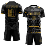 Custom Black Old Gold-Gray Abstract Geometric Stripe Fragment Sublimation Soccer Uniform Jersey