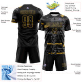 Custom Black Old Gold-Gray Abstract Geometric Stripe Fragment Sublimation Soccer Uniform Jersey