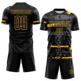 Custom Black Gold-Gray Abstract Geometric Stripe Fragment Sublimation Soccer Uniform Jersey