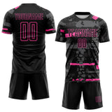 Custom Black Pink-Gray Abstract Geometric Stripe Fragment Sublimation Soccer Uniform Jersey