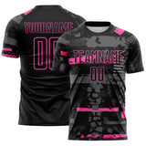 Custom Black Pink-Gray Abstract Geometric Stripe Fragment Sublimation Soccer Uniform Jersey