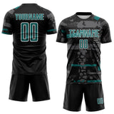 Custom Black Teal Gray-White Abstract Geometric Stripe Fragment Sublimation Soccer Uniform Jersey