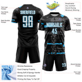 Custom Black White Sky Blue-Gray Abstract Geometric Stripe Fragment Sublimation Soccer Uniform Jersey