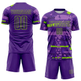Custom Purple-Neon Green Abstract Geometric Stripe Fragment Sublimation Soccer Uniform Jersey