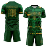 Custom Green-Old Gold Abstract Geometric Stripe Fragment Sublimation Soccer Uniform Jersey
