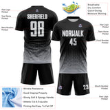 Custom Black White-Gray Fade Wave Lines Splatter Sublimation Soccer Uniform Jersey