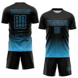 Custom Black-Sky Blue Fade Wave Lines Splatter Sublimation Soccer Uniform Jersey