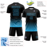 Custom Black-Sky Blue Fade Wave Lines Splatter Sublimation Soccer Uniform Jersey