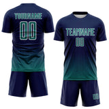 Custom Navy Teal-White Fade Wave Lines Splatter Sublimation Soccer Uniform Jersey