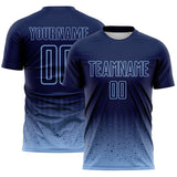 Custom Navy-Light Blue Fade Wave Lines Splatter Sublimation Soccer Uniform Jersey