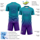 Custom Teal-Purple Fade Wave Lines Splatter Sublimation Soccer Uniform Jersey