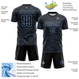 Custom Black-Light Blue Abstract Wave Lines Interlocking Sublimation Soccer Uniform Jersey