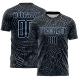 Custom Black-Light Blue Abstract Wave Lines Interlocking Sublimation Soccer Uniform Jersey