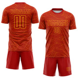Custom Red-Gold Abstract Wave Lines Interlocking Sublimation Soccer Uniform Jersey