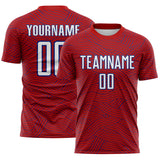 Custom Red White-Royal Abstract Wave Lines Interlocking Sublimation Soccer Uniform Jersey