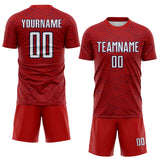 Custom Red White-Navy Abstract Wave Lines Interlocking Sublimation Soccer Uniform Jersey