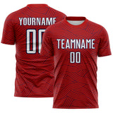Custom Red White-Navy Abstract Wave Lines Interlocking Sublimation Soccer Uniform Jersey