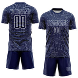Custom Navy-White Abstract Wave Lines Interlocking Sublimation Soccer Uniform Jersey