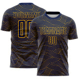 Custom Navy-Gold Abstract Wave Lines Interlocking Sublimation Soccer Uniform Jersey