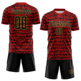 Custom Red Black-Old Gold Geometric Fragment Splatter Sublimation Soccer Uniform Jersey