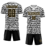 Custom White Black-Old Gold Geometric Fragment Splatter Sublimation Soccer Uniform Jersey