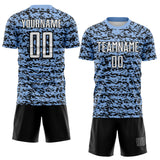 Custom Light Blue-Black Geometric Fragment Splatter Sublimation Soccer Uniform Jersey