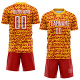 Custom Gold White-Red Geometric Fragment Splatter Sublimation Soccer Uniform Jersey