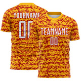 Custom Gold White-Red Geometric Fragment Splatter Sublimation Soccer Uniform Jersey