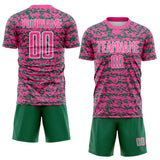 Custom Pink Kelly Green-White Geometric Fragment Splatter Sublimation Soccer Uniform Jersey