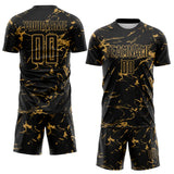 Custom Black-Old Gold Abstract Fluid Marble Sublimation Soccer Uniform Jersey