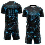 Custom Black-Sky Blue Abstract Fluid Marble Sublimation Soccer Uniform Jersey
