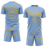 Custom Light Blue-Gold Abstract Fluid Marble Sublimation Soccer Uniform Jersey
