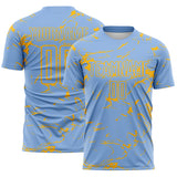 Custom Light Blue-Gold Abstract Fluid Marble Sublimation Soccer Uniform Jersey