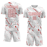 Custom White Red-Gray Brush Stroke Slashes And Dot Grid Sublimation Soccer Uniform Jersey