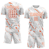 Custom White Orange-Gray Brush Stroke Slashes And Dot Grid Sublimation Soccer Uniform Jersey