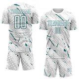 Custom White Teal-Gray Brush Stroke Slashes And Dot Grid Sublimation Soccer Uniform Jersey