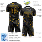 Custom Black Gold-Gray Brush Stroke Slashes And Dot Grid Sublimation Soccer Uniform Jersey