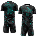 Custom Black Aqua-Gray Brush Stroke Slashes And Dot Grid Sublimation Soccer Uniform Jersey