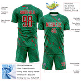 Custom Kelly Green Red-White Brush Stroke Slashes And Dot Grid Sublimation Soccer Uniform Jersey