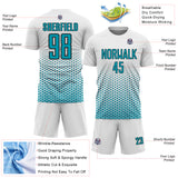Custom White Teal-Black Geometric Hexagonal Dot Gradient Sublimation Soccer Uniform Jersey