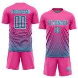 Custom Pink Teal-White Geometric Hexagonal Dot Gradient Sublimation Soccer Uniform Jersey